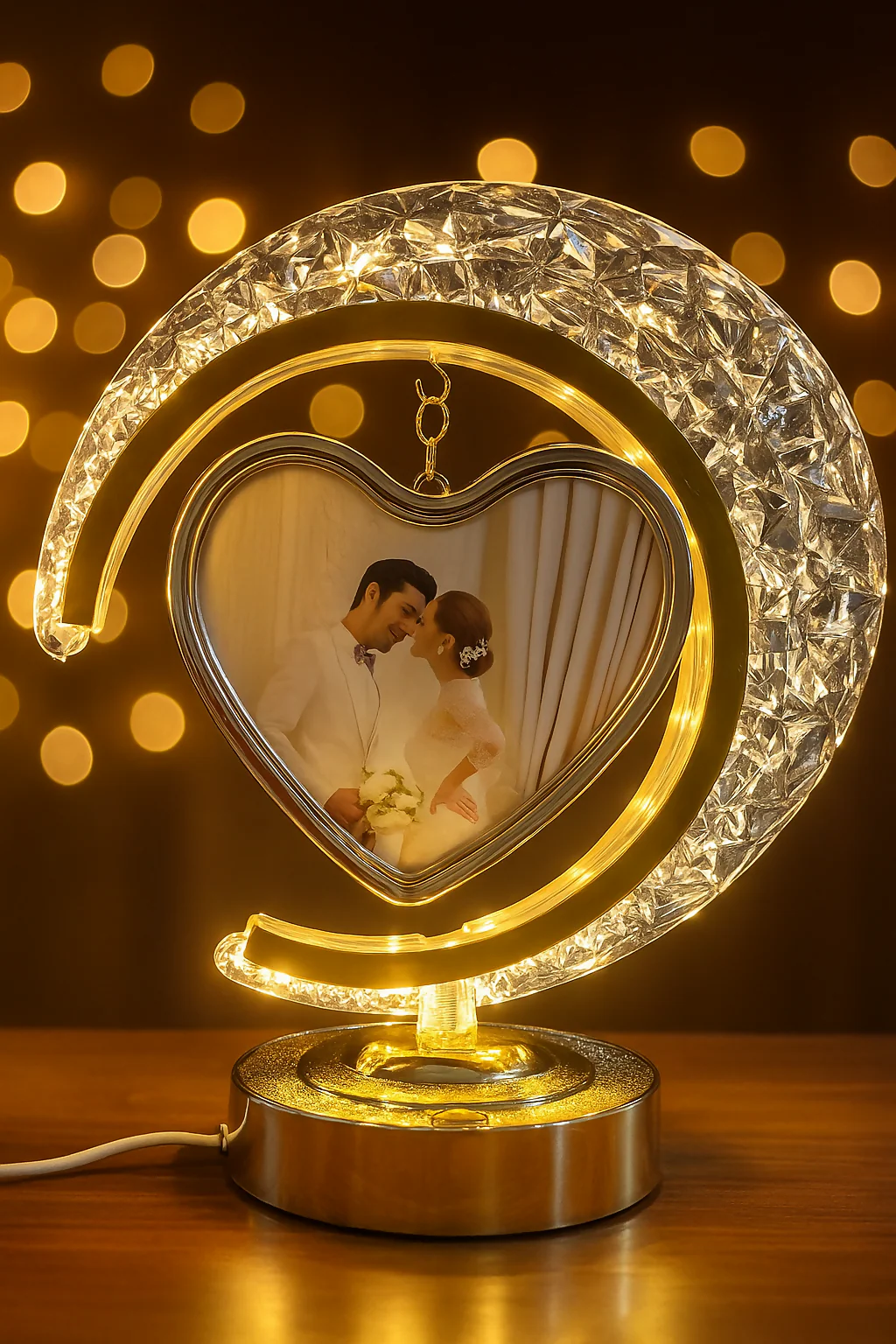Crescent Moon LED Table Lamp with Hanging Heart-Shaped Rotating Photo Frame – Crystal-Textured Decorative Light for Bedroom or Living Room – Personalized Gift for Couples, Wedding, Anniversary & Valentine’s Day - Image 2