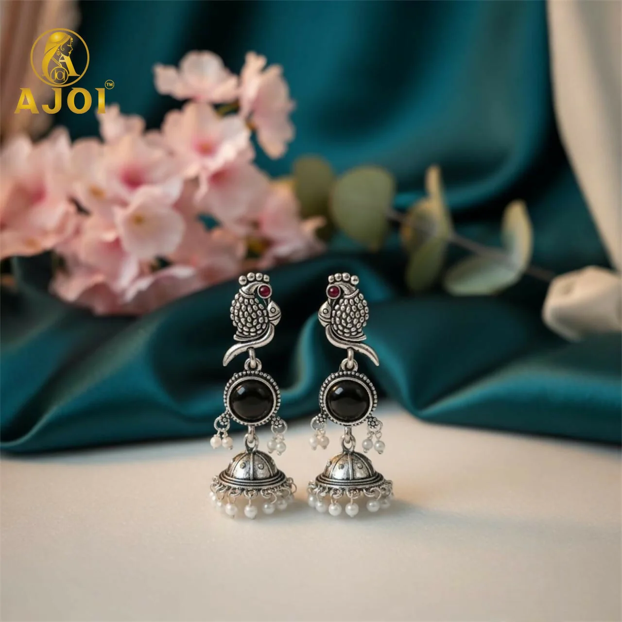 Moonlit Black Stone Peacock Earrings – Oxidized Silver Finish - Image 2