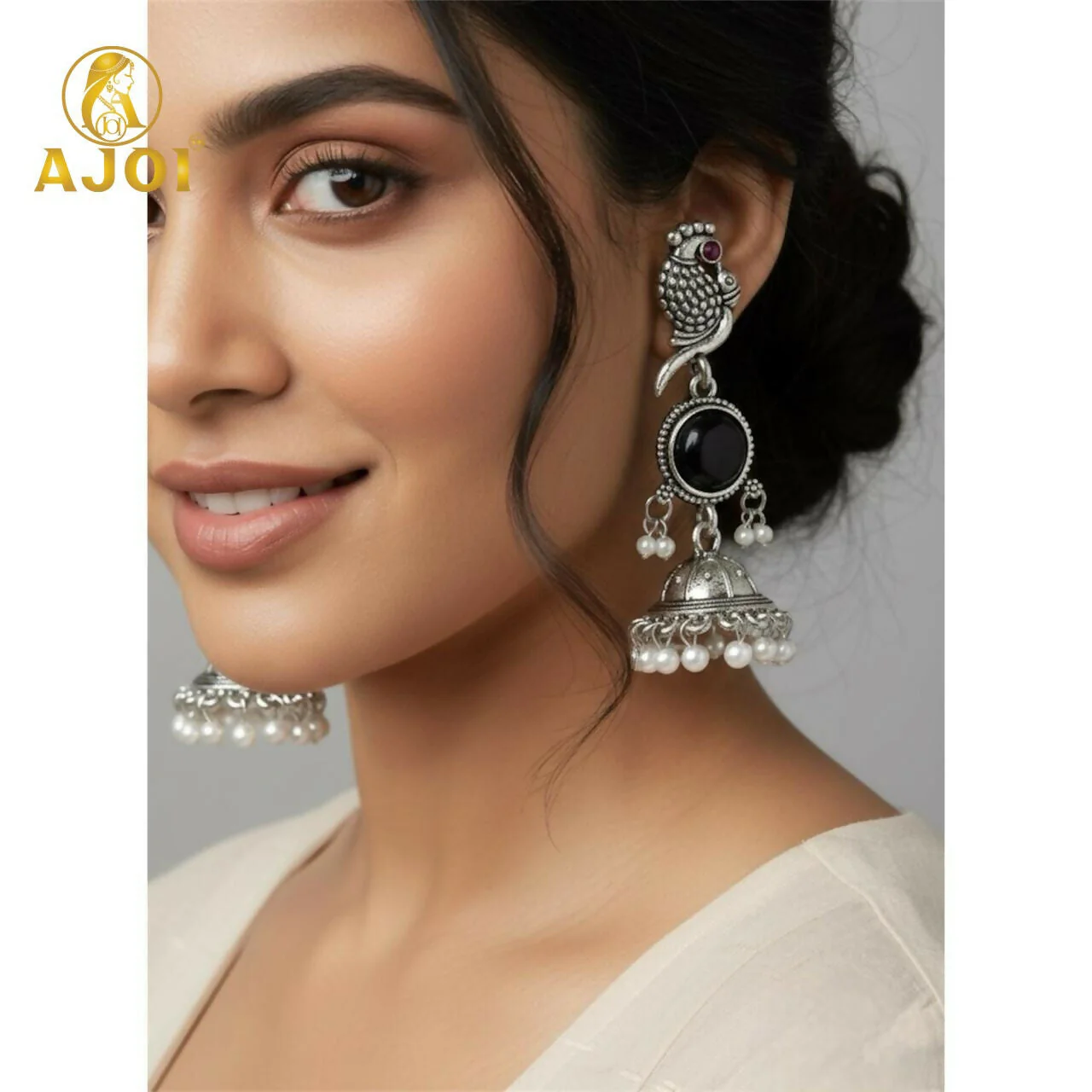 Moonlit Black Stone Peacock Earrings – Oxidized Silver Finish - Image 3