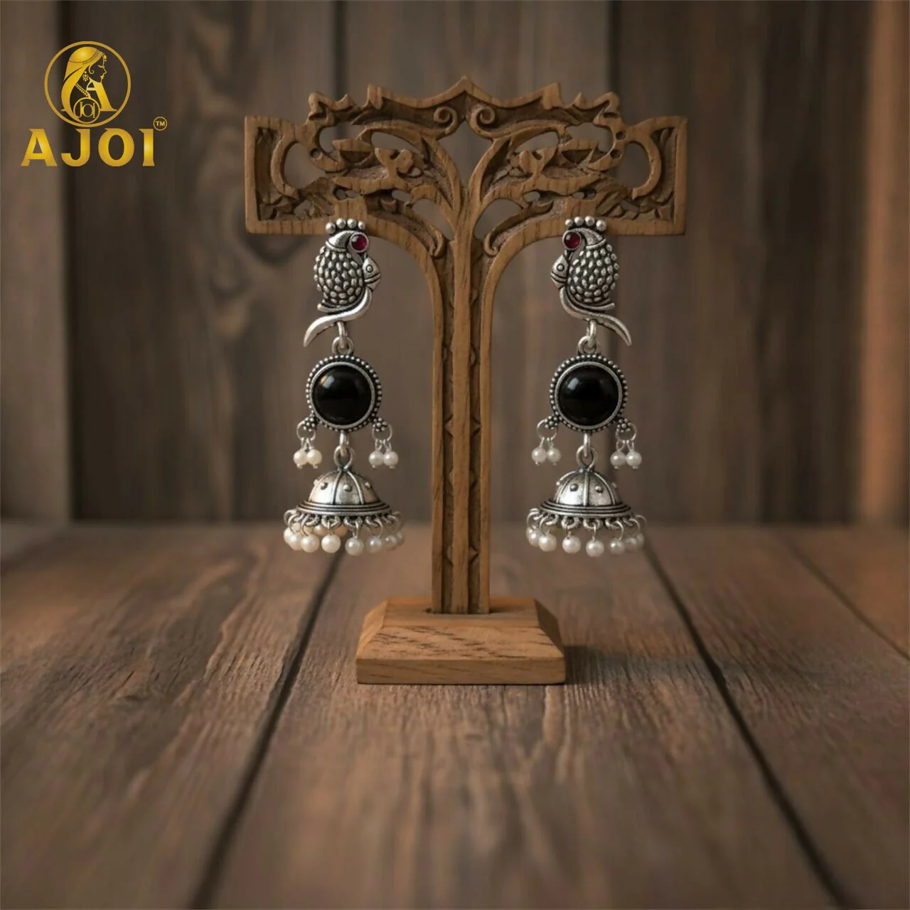 Moonlit Black Stone Peacock Earrings – Oxidized Silver Finish - Image 4