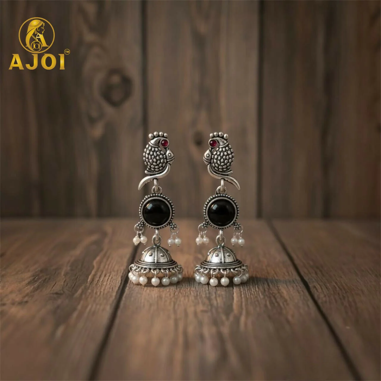 Moonlit Black Stone Peacock Earrings – Oxidized Silver Finish - Image 5