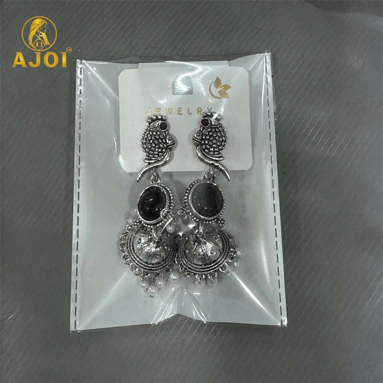 Moonlit Black Stone Peacock Earrings – Oxidized Silver Finish - Image 6