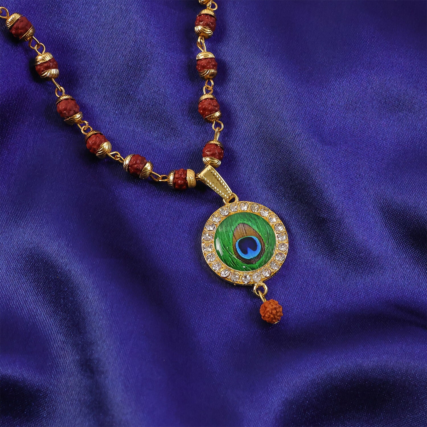 Morpich Feather Gold Plated Pendant & Rudraksha Mala - Image 2