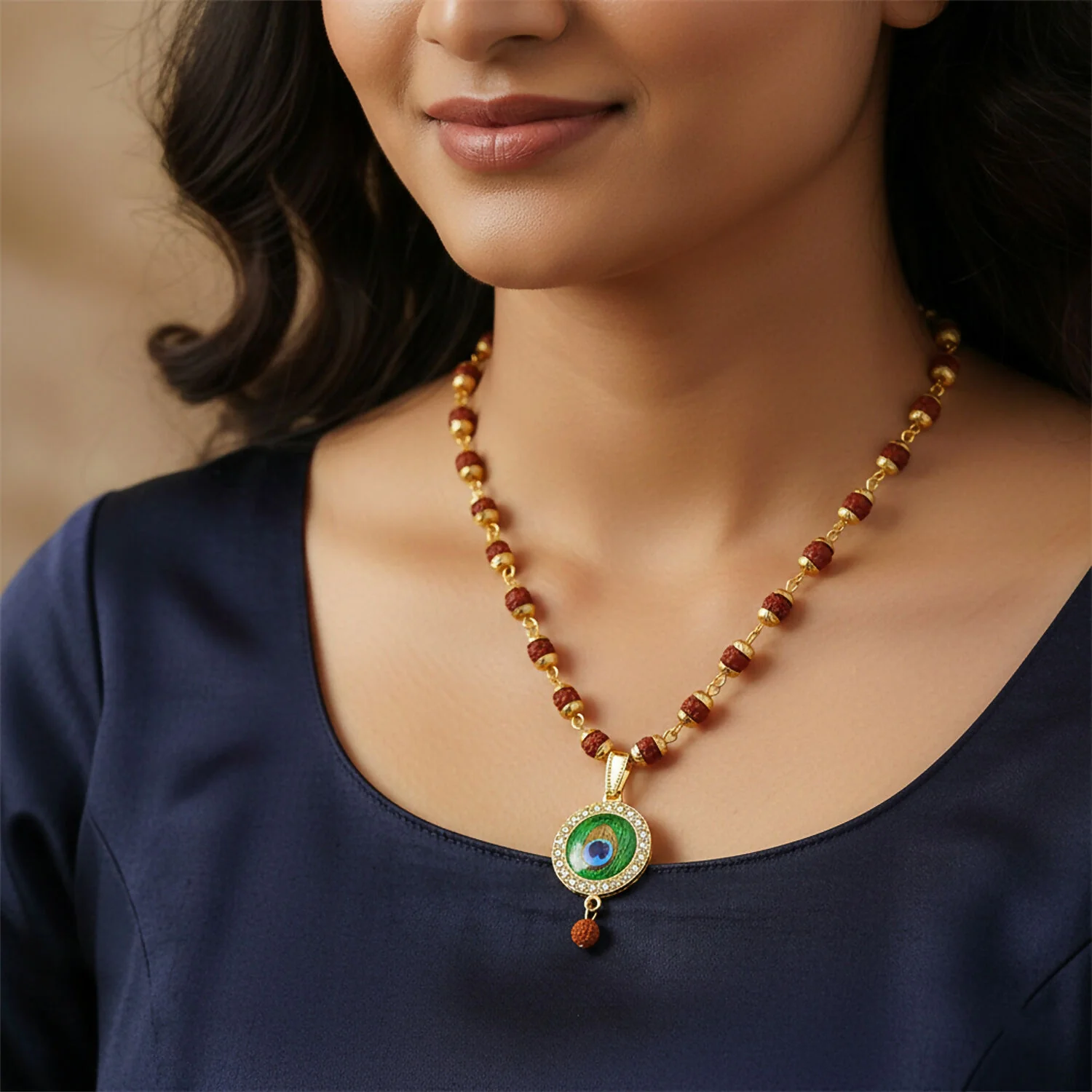 Morpich Feather Gold Plated Pendant & Rudraksha Mala - Image 3