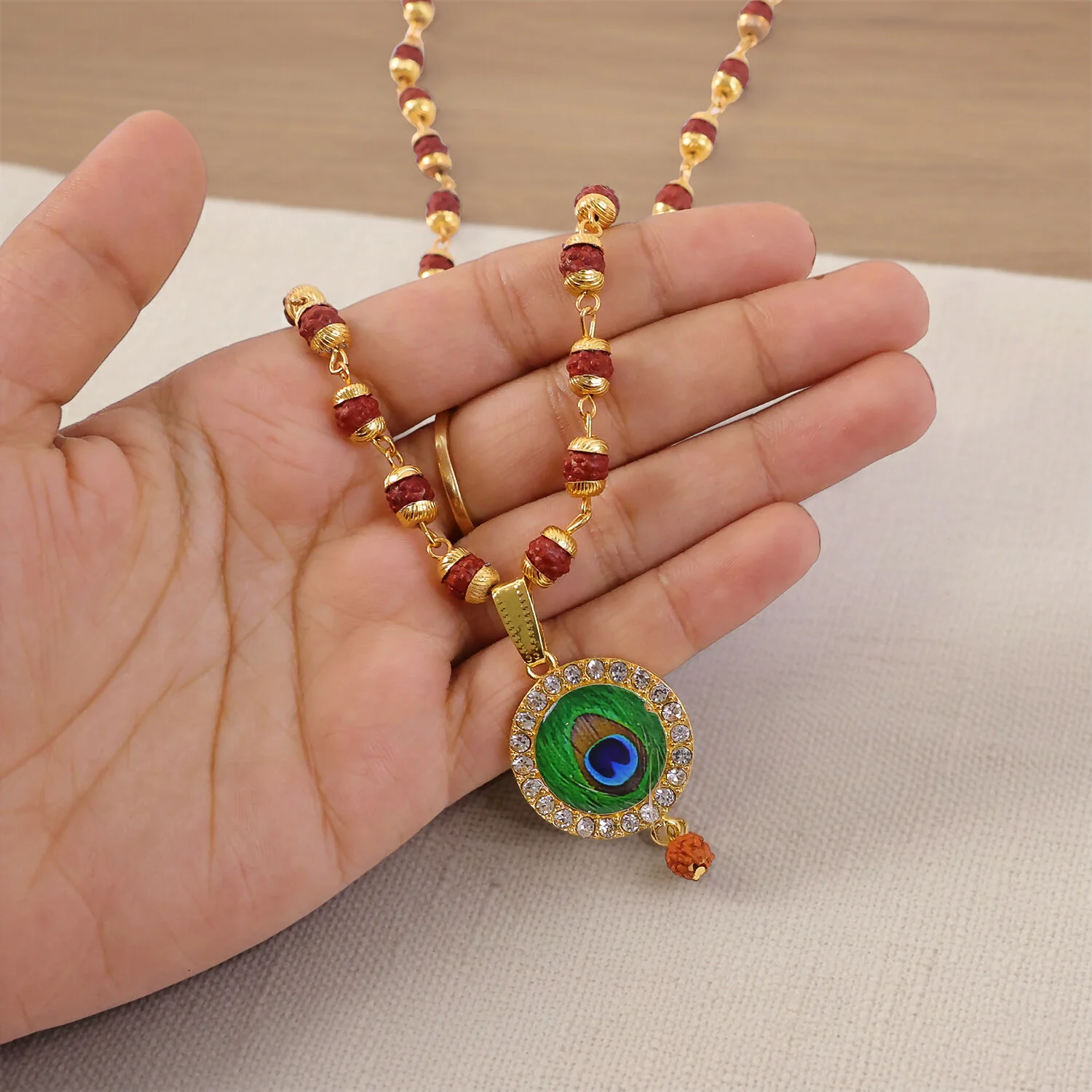 Morpich Feather Gold Plated Pendant & Rudraksha Mala - Image 4
