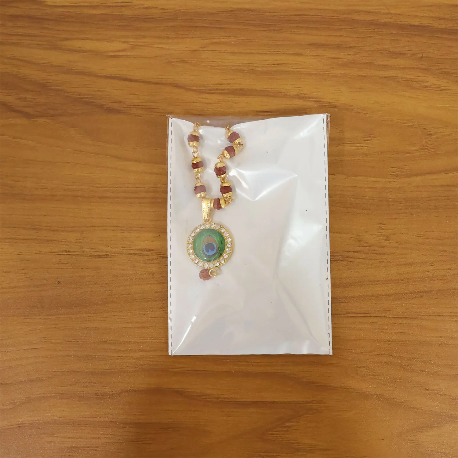 Morpich Feather Gold Plated Pendant & Rudraksha Mala - Image 6