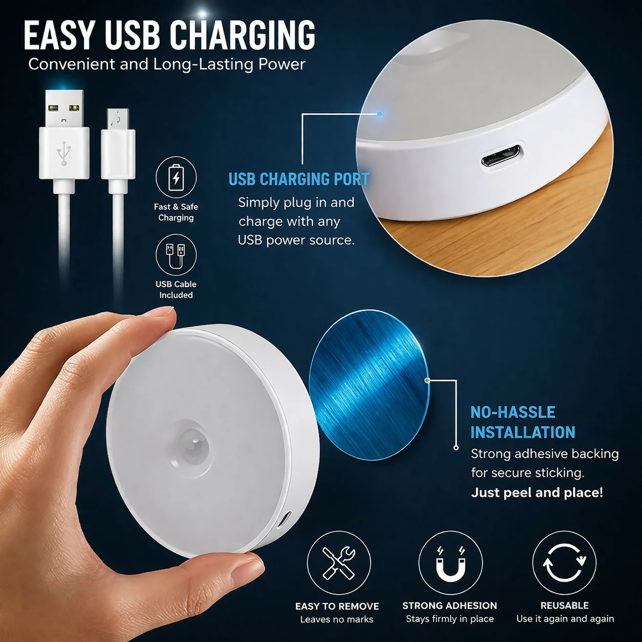 Motion Sensor LED Night Light Rechargeable Wall Lamp - Image 3