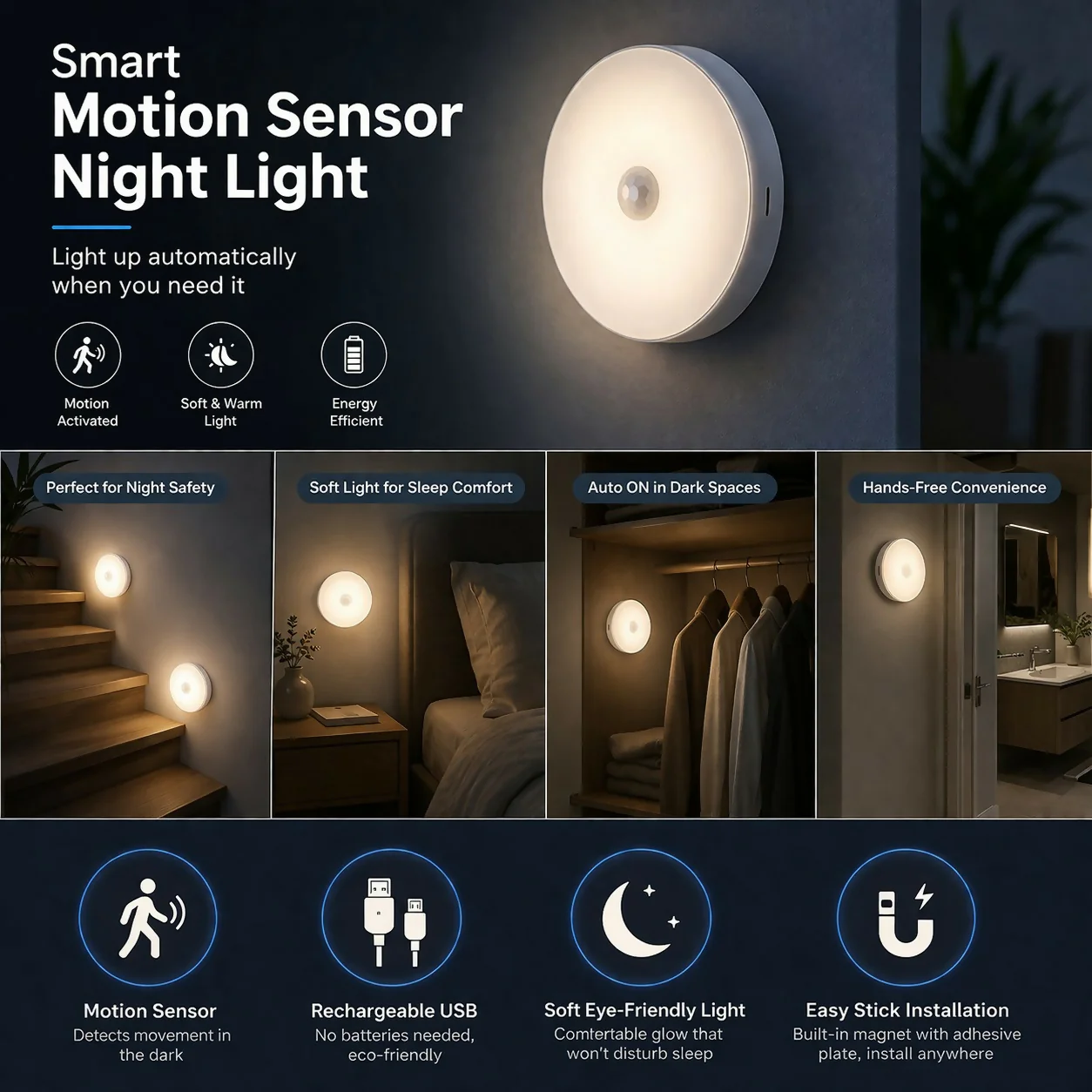 Motion Sensor LED Night Light Rechargeable Wall Lamp - Image 4