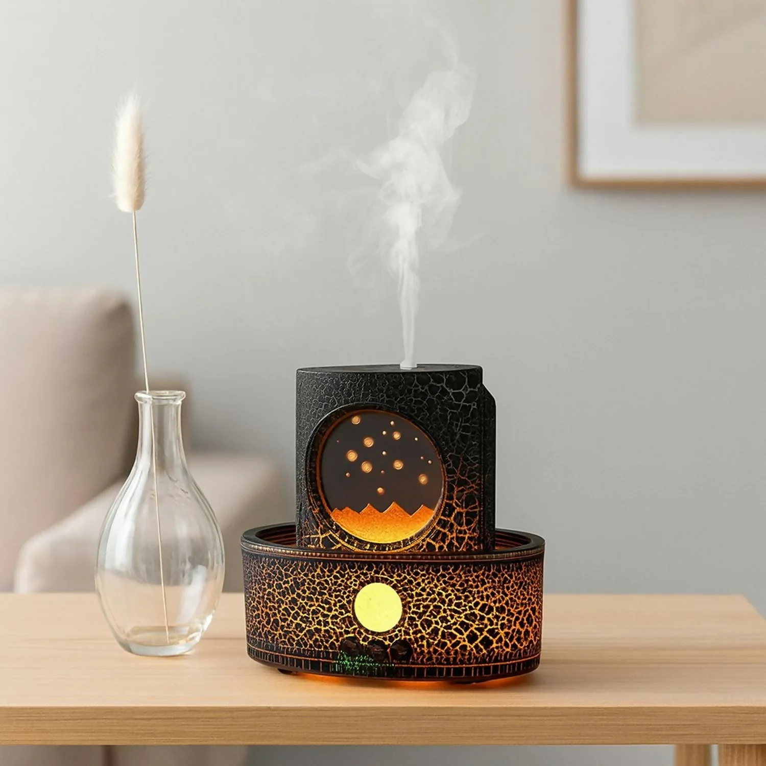 Mountain Scene Aroma Diffuser with LED Flame & Mist | Crackle Design Humidifier - Image 2