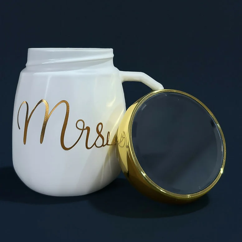 Mrs Ceramic Mug with Golden Lid – White Coffee Cup Gift for Women - Image 2