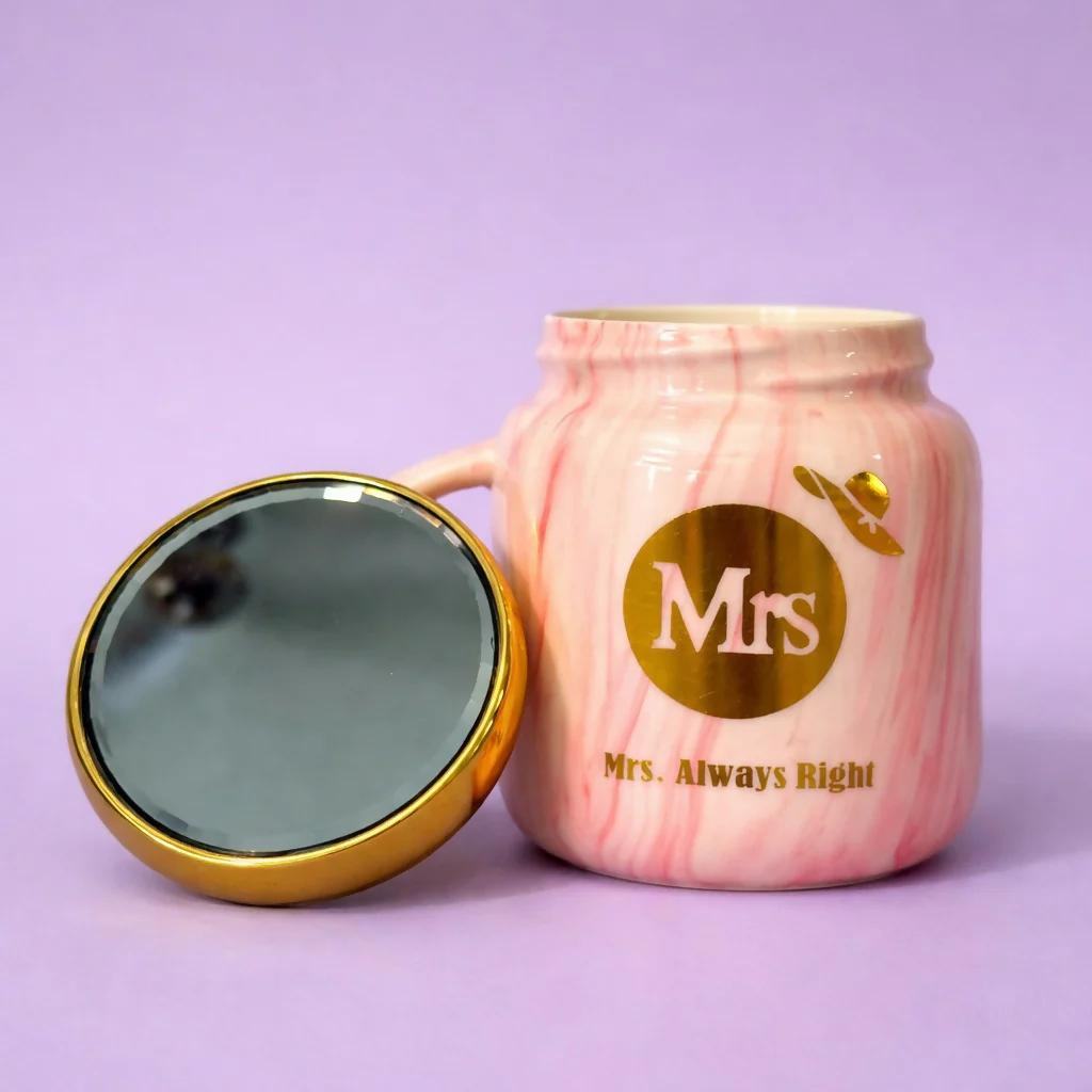 Mrs Printed Ceramic Mug with Lid, Gift Coffee Cup for Women - Image 2