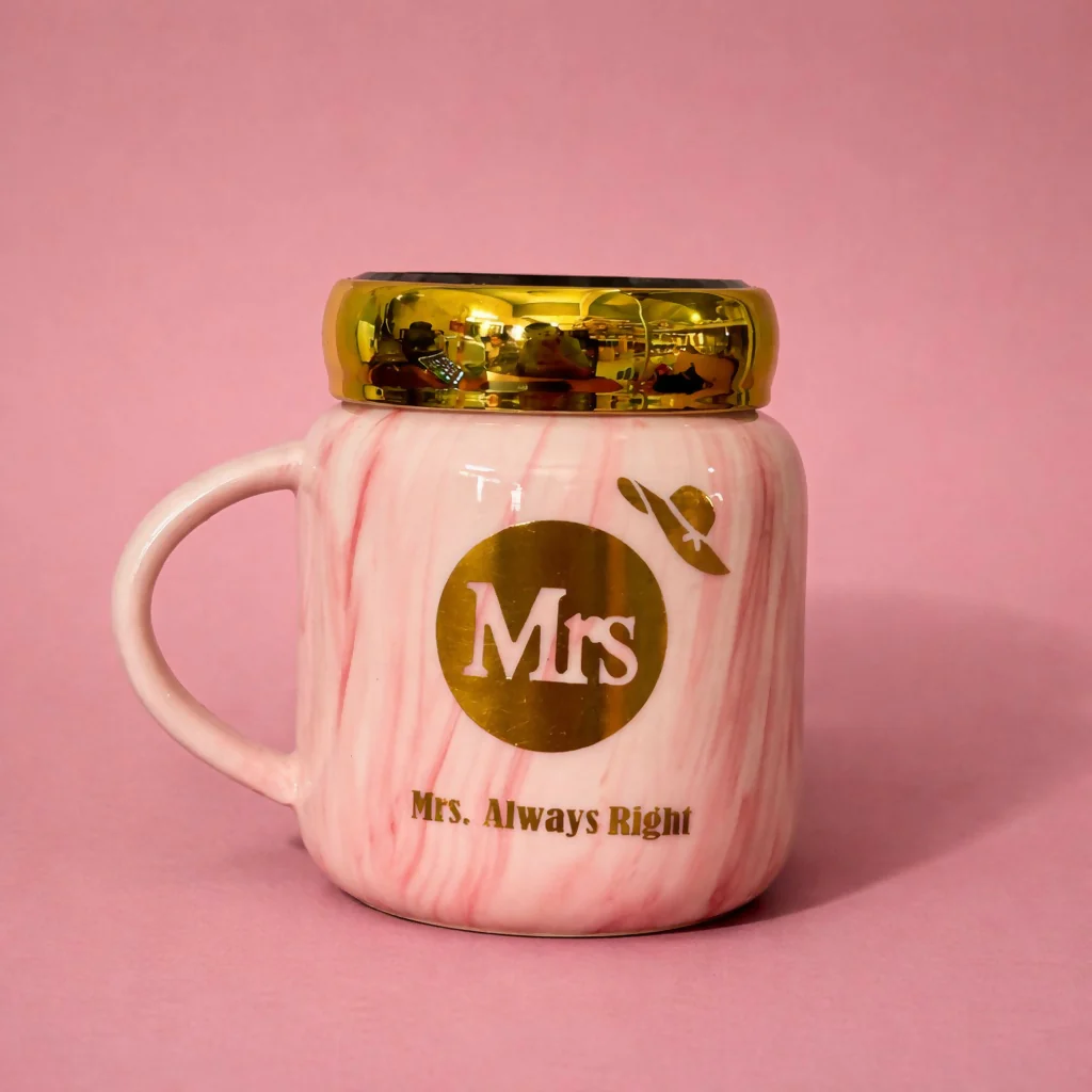 Mrs Printed Ceramic Mug with Lid, Gift Coffee Cup for Women - Image 3