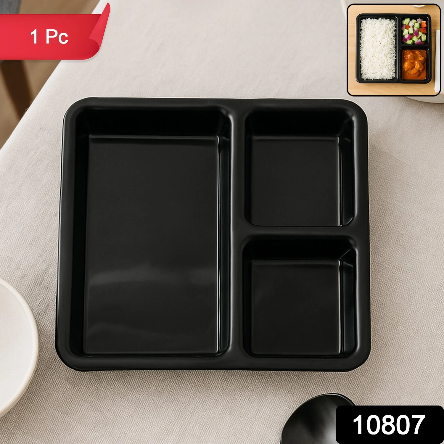 Plastic 3-Compartment Meal Serving Tray – Rectangular Dining Plate (1 Pc / Black) - Image 2
