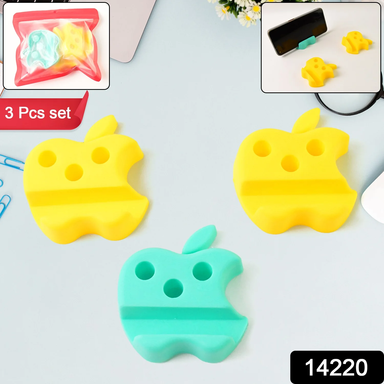 Multi-Functional Apple-Shaped Plastic Mobile Stand with Pen Holder (3 Pc / Mix Color) - Image 2
