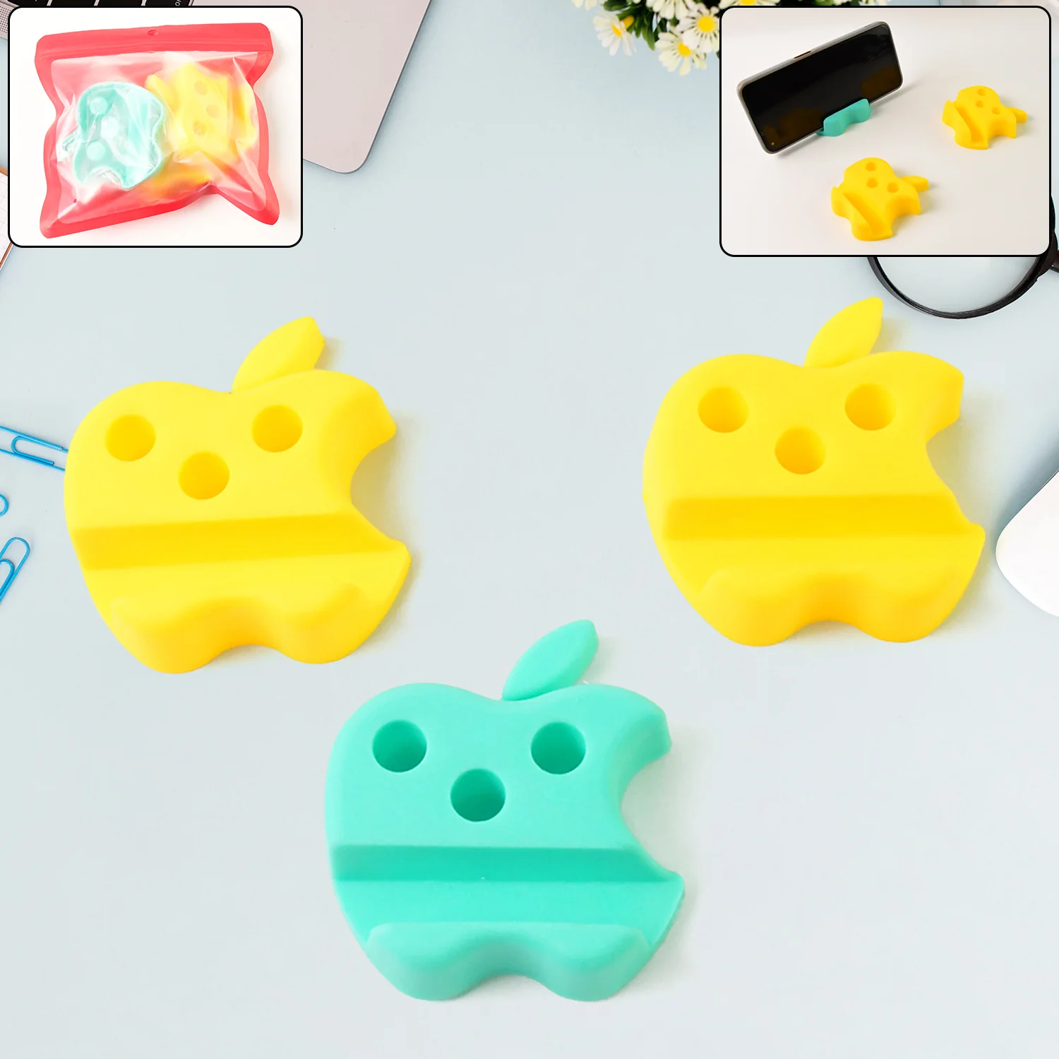 Multi-Functional Apple-Shaped Plastic Mobile Stand with Pen Holder (3 Pc / Mix Color) - Image 3