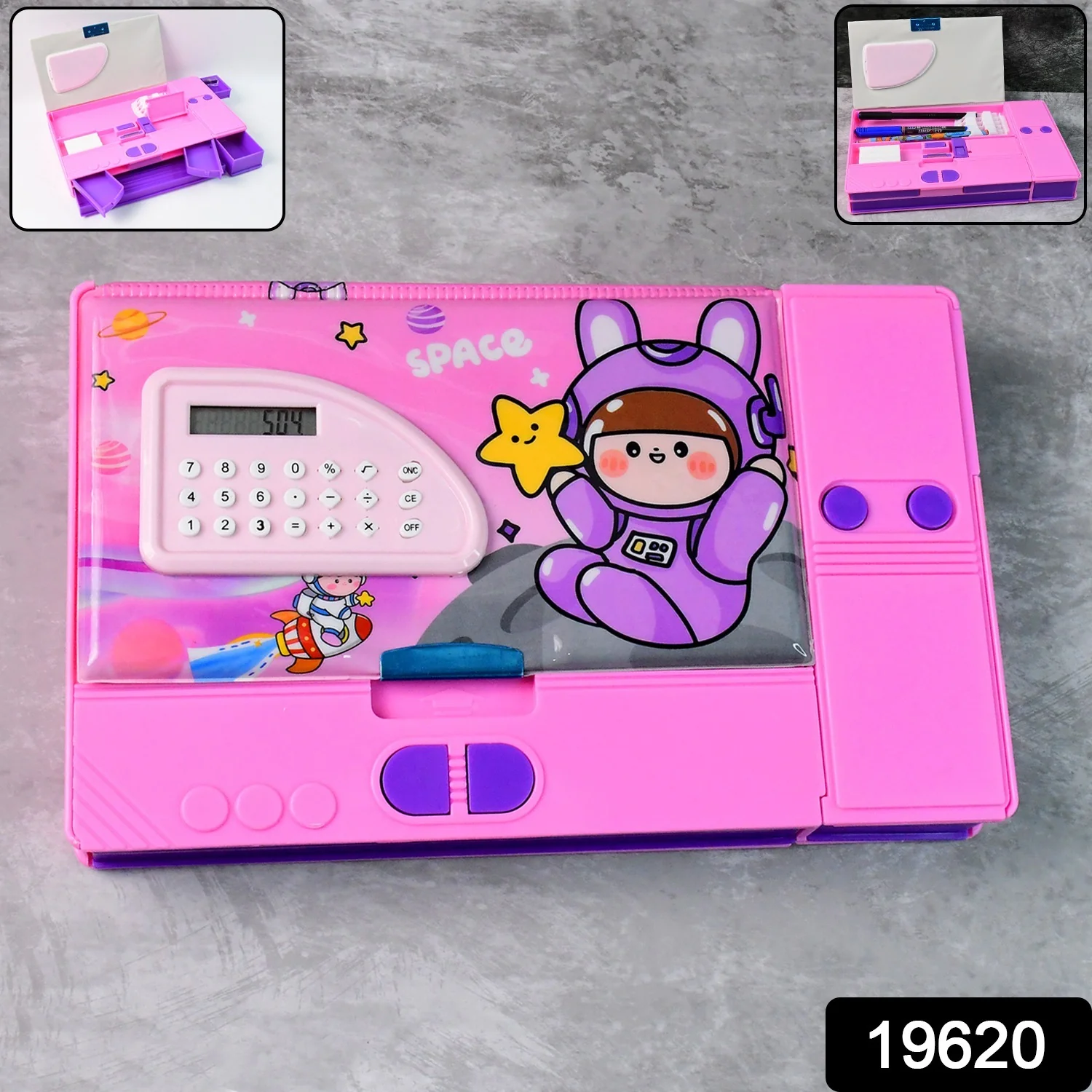 Multi-Functional Space Theme Pencil Box with Built-in Calculator (1 Pc) - Image 2