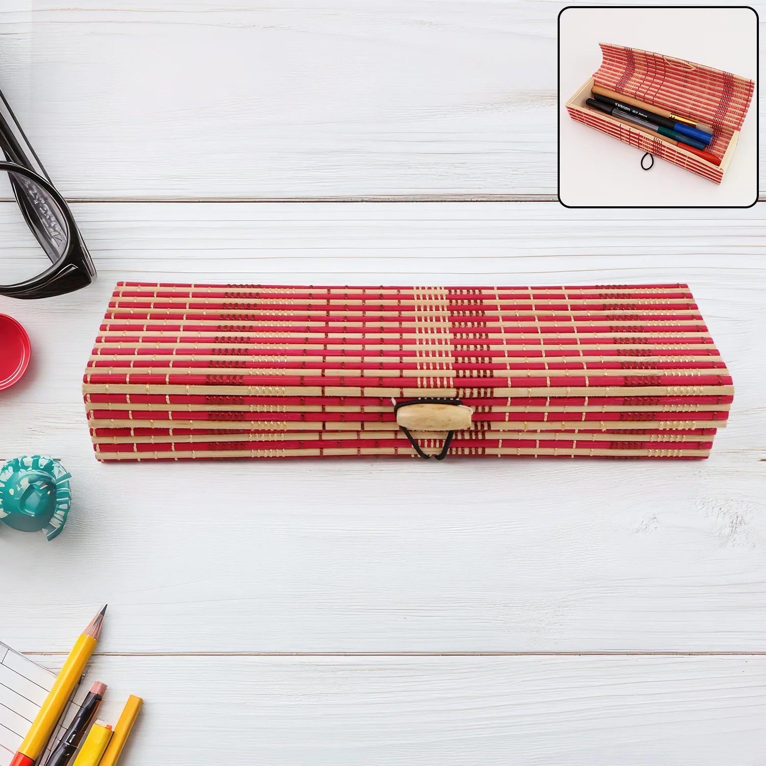 Multi-Purpose Handcrafted Bamboo Mat Style Pen Pencil & Makeup Box (1 Pc) - Image 3