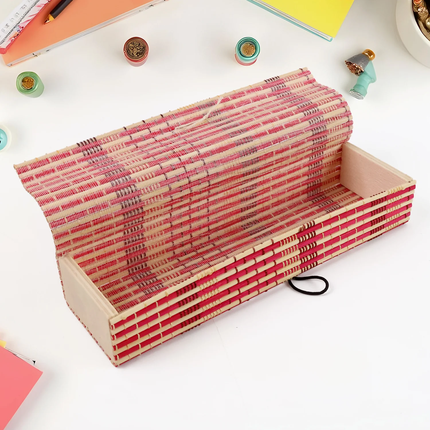 Multi-Purpose Handcrafted Bamboo Mat Style Pen Pencil & Makeup Box (1 Pc) - Image 4