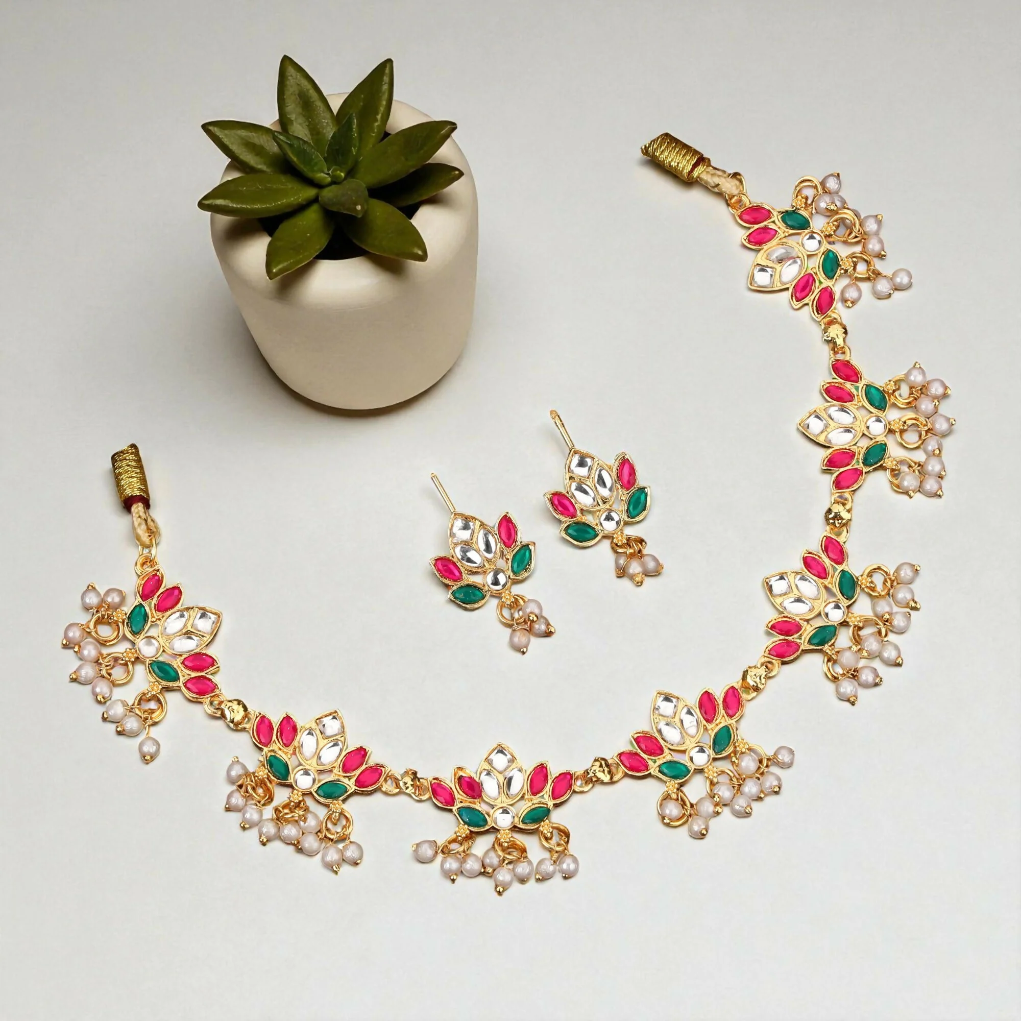 Multi-Strand Pearl Choker with Gold Floral Filigree Pendant - Image 3