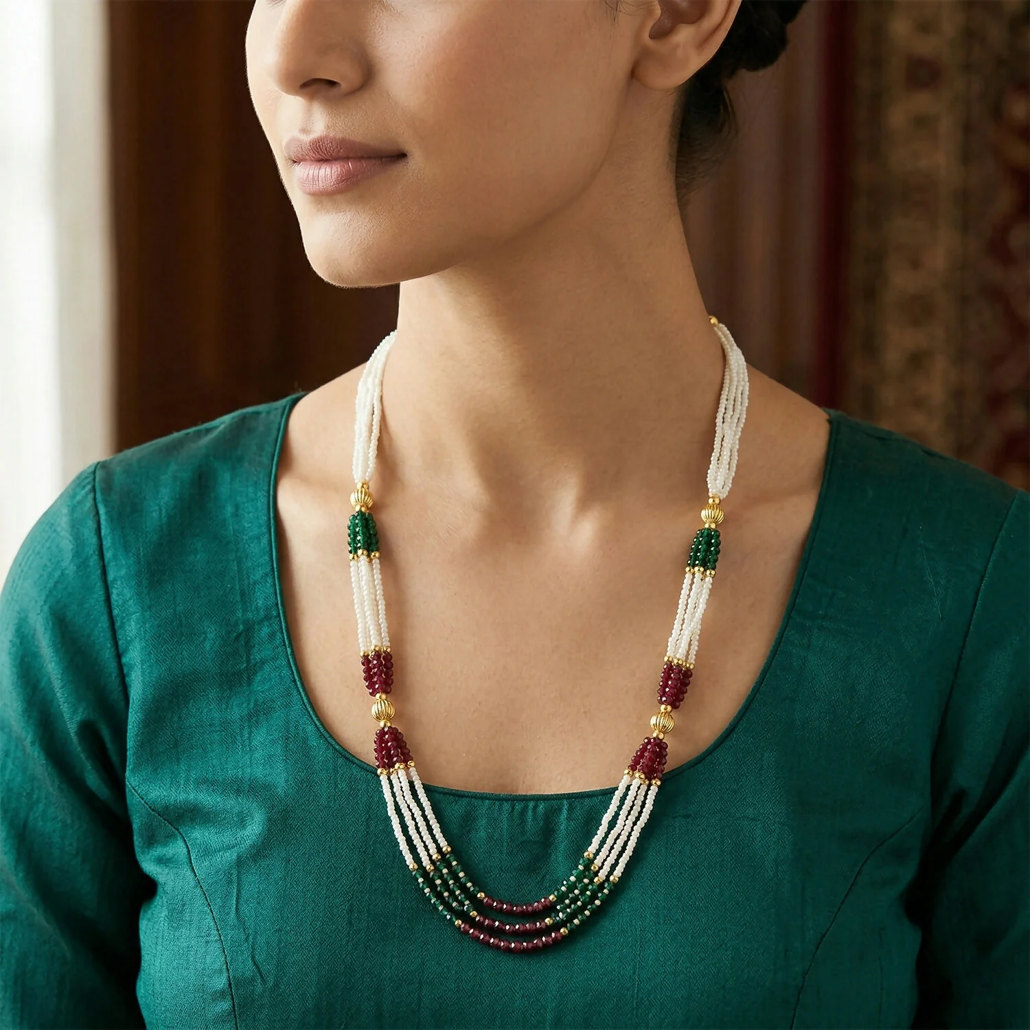 Multi Strand Pearl Mala Handmade Necklace with Red Green Beads Ethnic Wear - Image 2