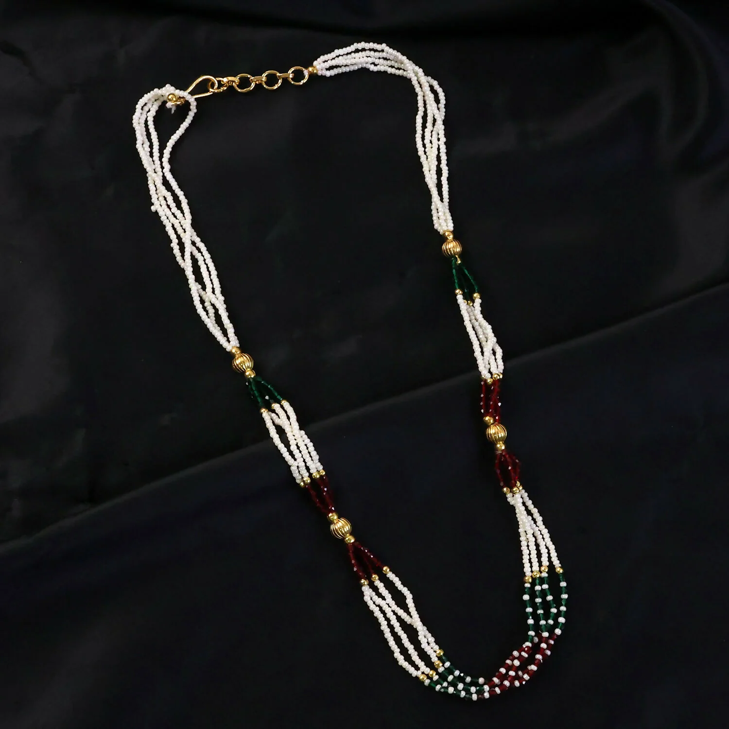 Multi Strand Pearl Mala Handmade Necklace with Red Green Beads Ethnic Wear - Image 3