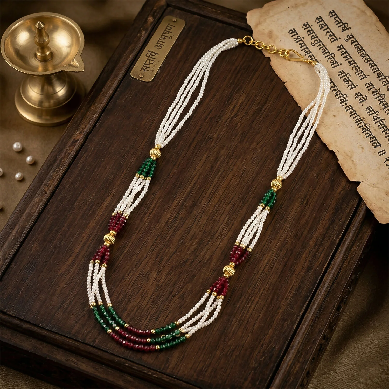 Multi Strand Pearl Mala Handmade Necklace with Red Green Beads Ethnic Wear - Image 4