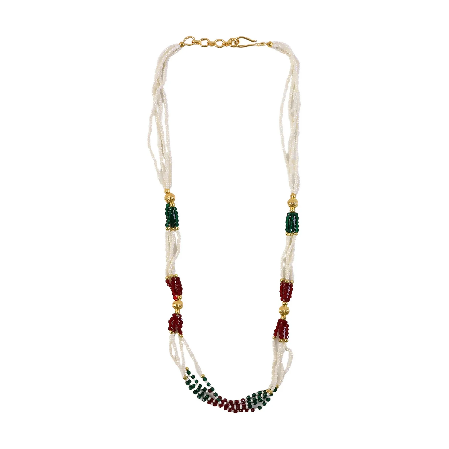 Multi Strand Pearl Mala Handmade Necklace with Red Green Beads Ethnic Wear - Image 5