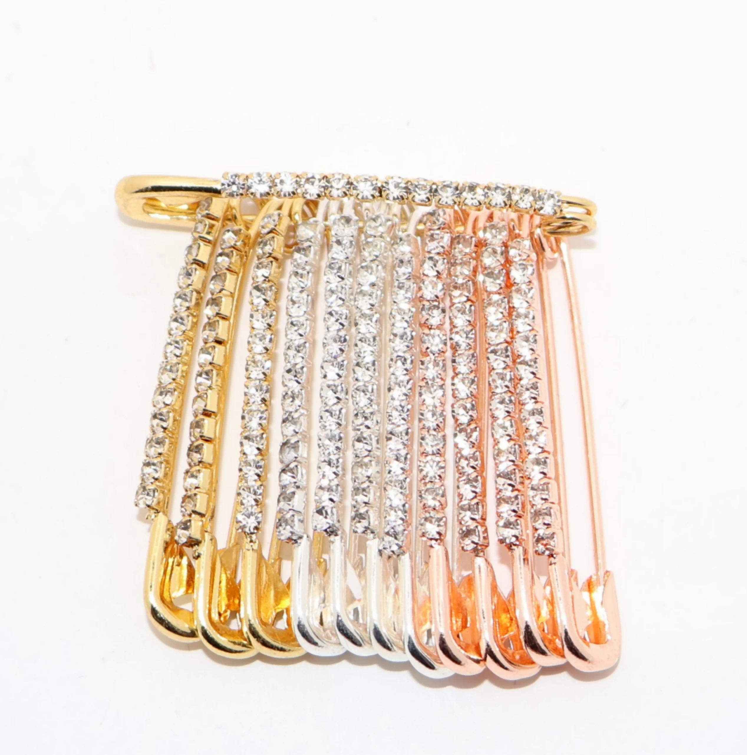 Multi-Tone Crystal Dangle Saree Pin Brooch - Mixed Metal Shawl Pin - Image 2