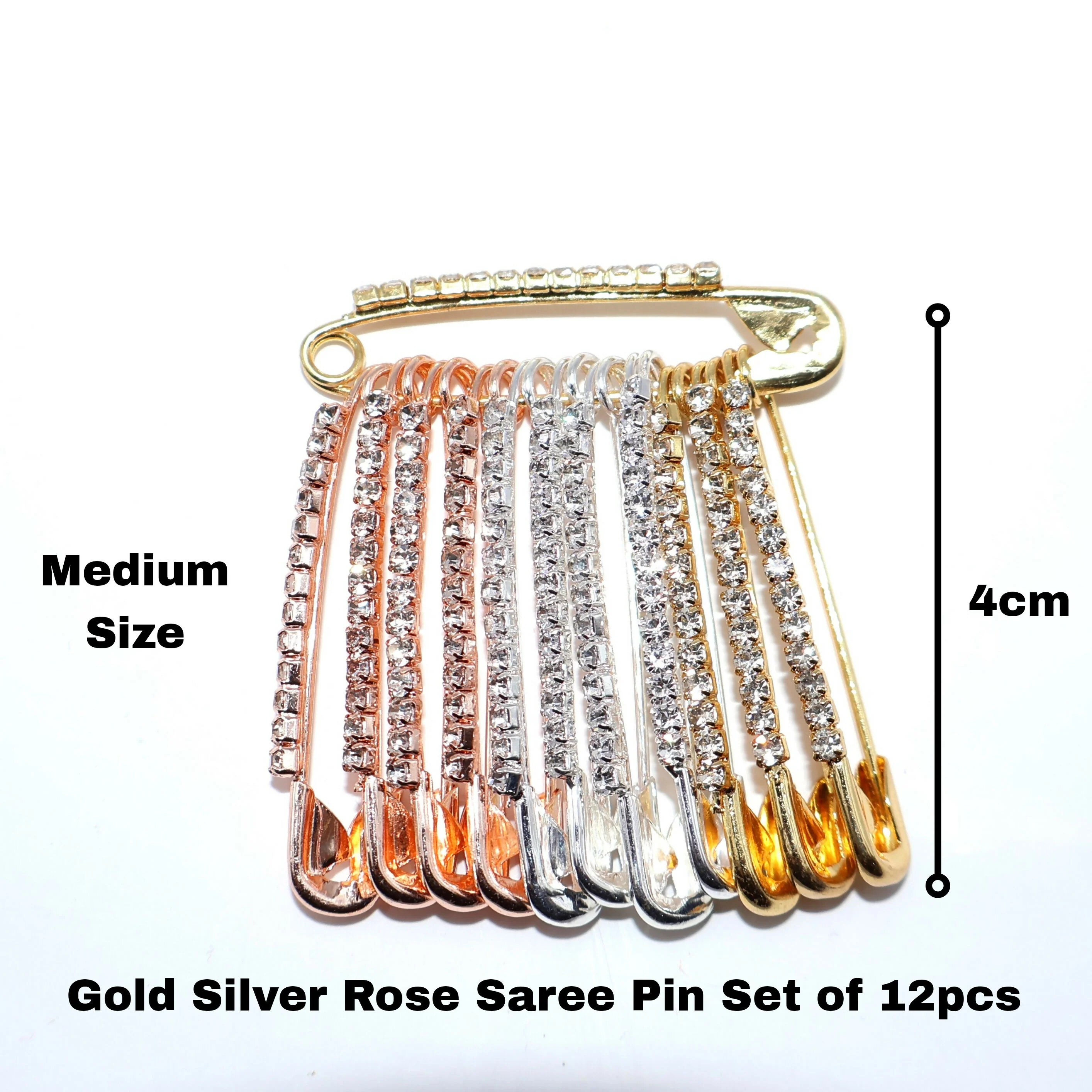 Multi-Tone Crystal Dangle Saree Pin Brooch - Mixed Metal Shawl Pin - Image 3
