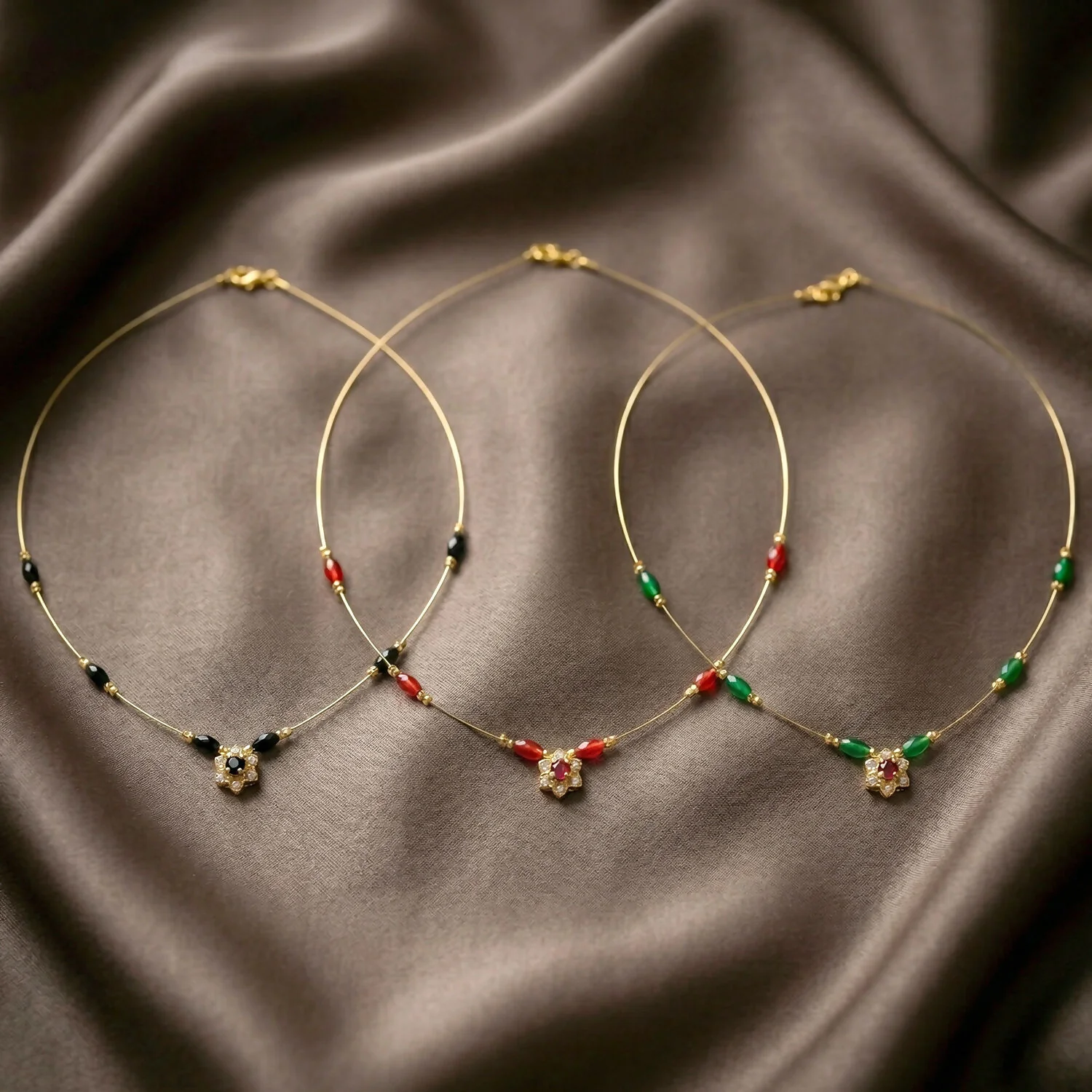 Multicolor Bead Gold Necklace with Elegant Floral Pendant (3Pc/Set) - Image 2