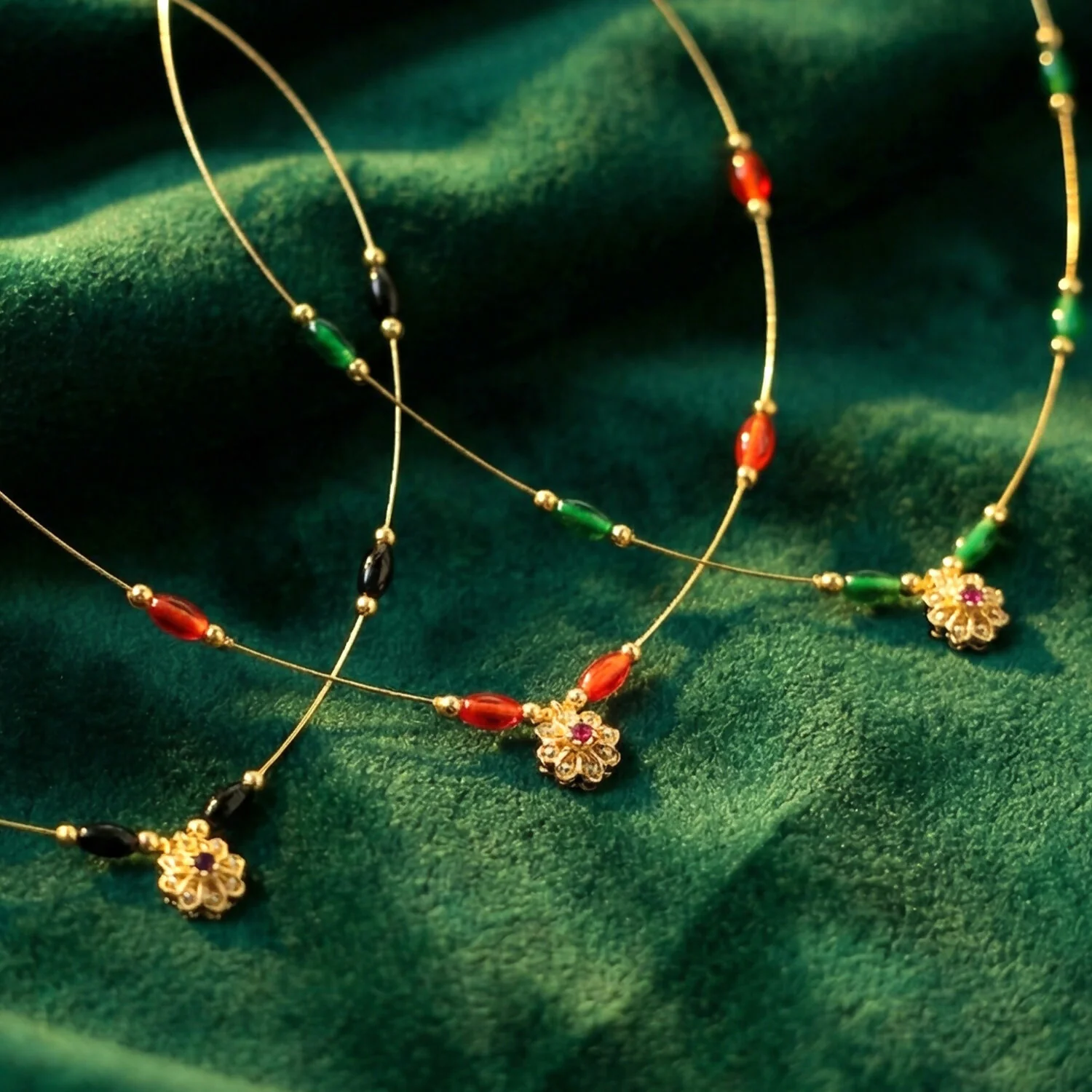 Multicolor Bead Gold Necklace with Elegant Floral Pendant (3Pc/Set) - Image 3