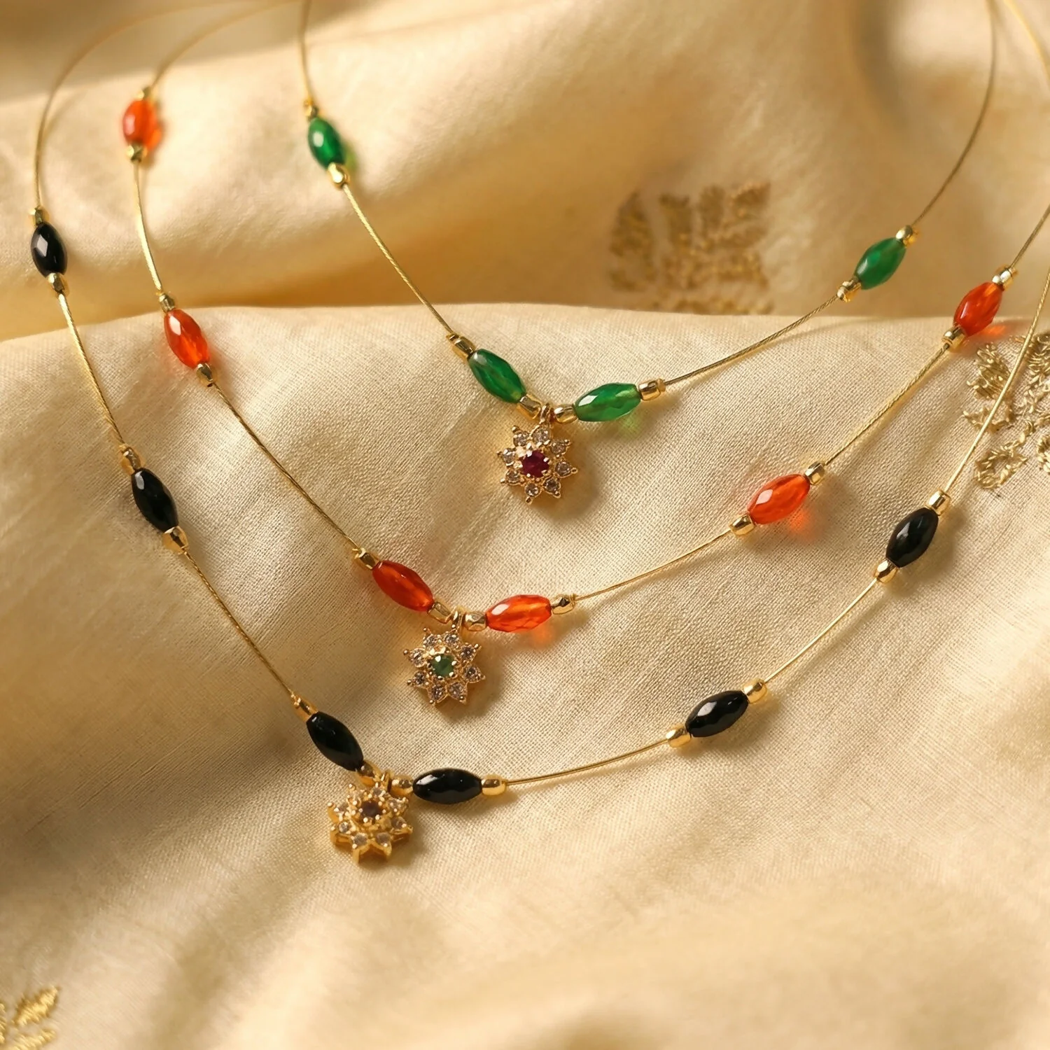 Multicolor Bead Gold Necklace with Elegant Floral Pendant (3Pc/Set) - Image 5