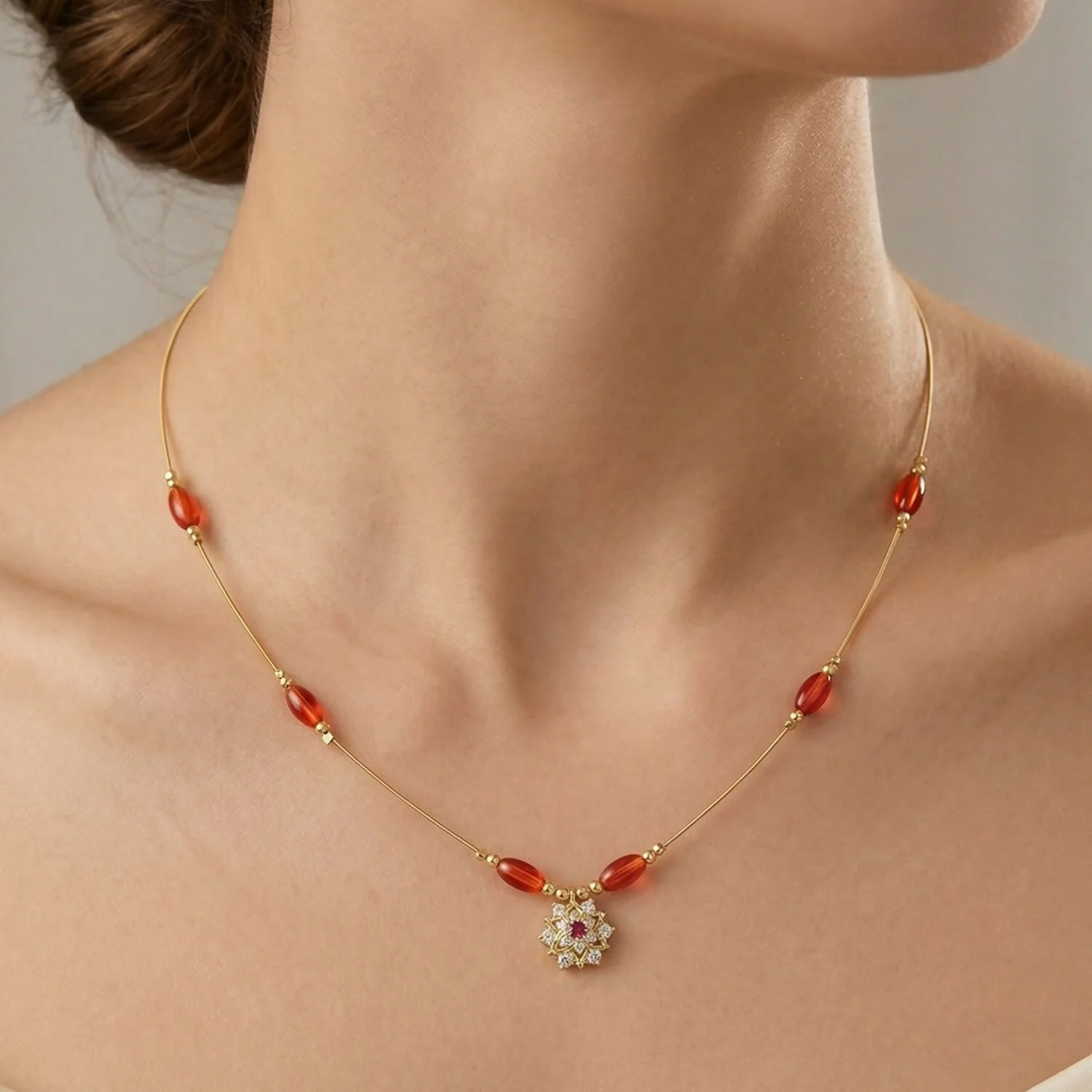 Multicolor Bead Gold Necklace with Elegant Floral Pendant (3Pc/Set) - Image 7