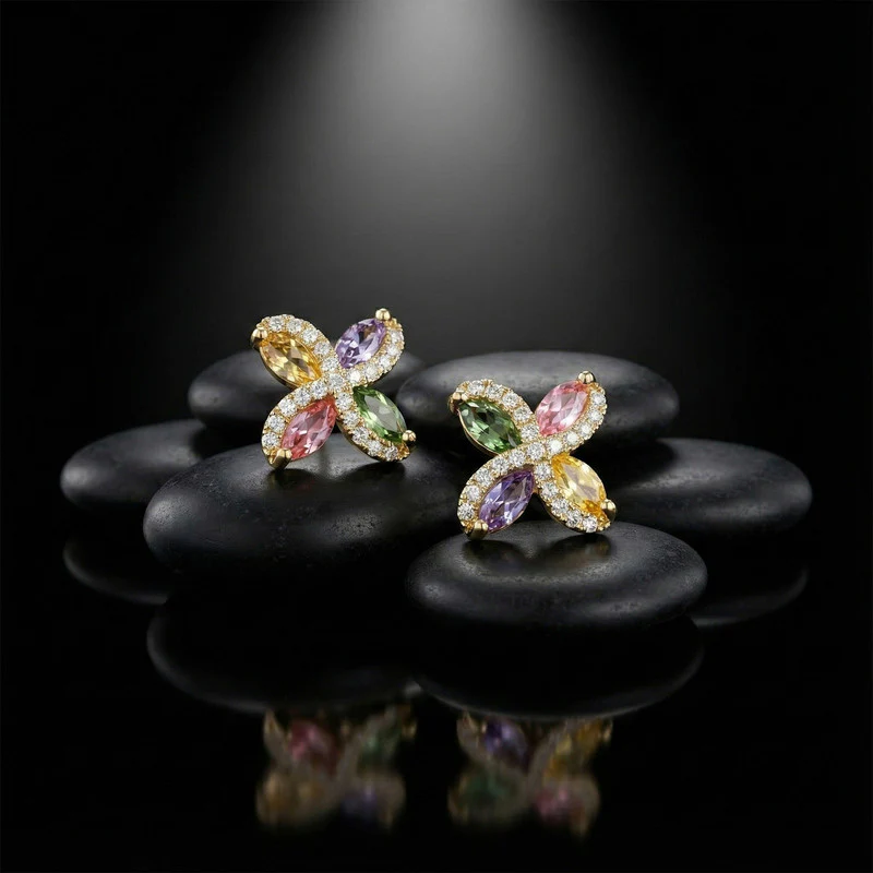 Multicolor Crystal Butterfly Stud Earrings with Gold Finish for Women - Image 2