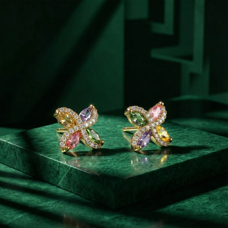 Multicolor Crystal Butterfly Stud Earrings with Gold Finish for Women - Image 4
