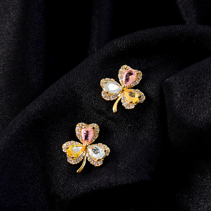 Multicolor Crystal Clover Stud Earrings with Gold Finish for Women - Image 2
