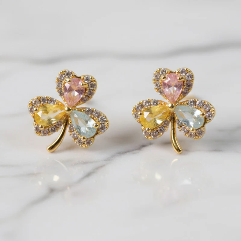 Multicolor Crystal Clover Stud Earrings with Gold Finish for Women - Image 3