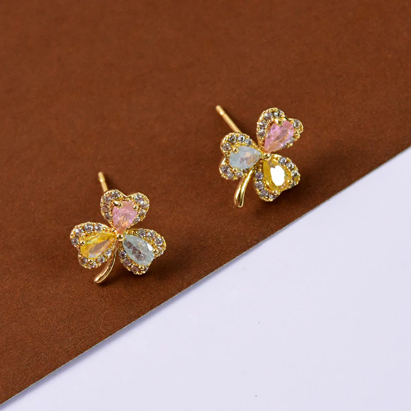 Multicolor Crystal Clover Stud Earrings with Gold Finish for Women - Image 4