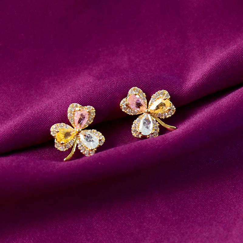 Multicolor Crystal Clover Stud Earrings with Gold Finish for Women - Image 6