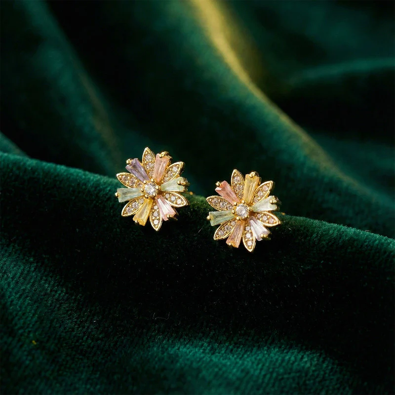 Multicolor Crystal Floral Stud Earrings with Gold Finish for Women - Image 2