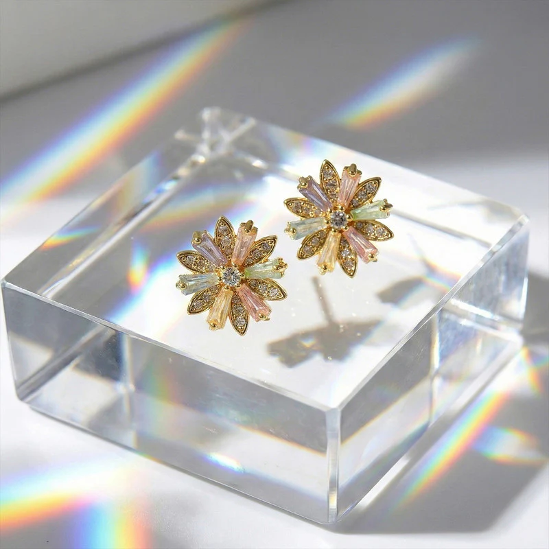 Multicolor Crystal Floral Stud Earrings with Gold Finish for Women - Image 3