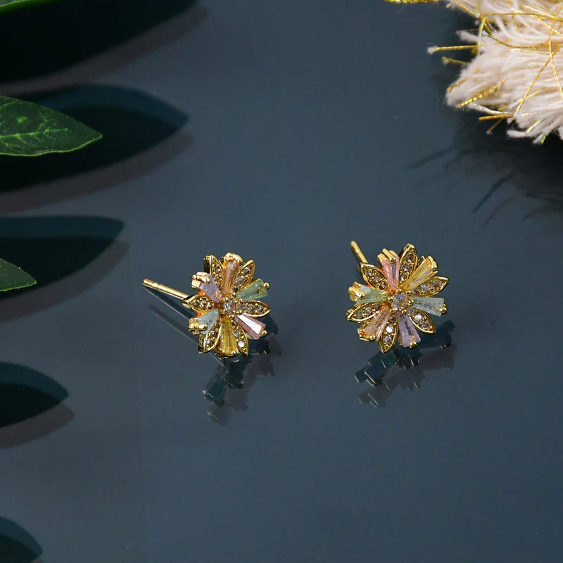 Multicolor Crystal Floral Stud Earrings with Gold Finish for Women - Image 4