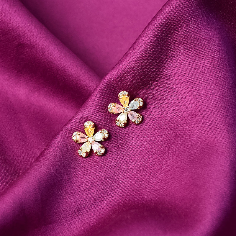 Multicolor Crystal Petal Flower Stud Earrings with Gold Finish for Women - Image 2