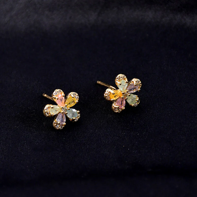 Multicolor Crystal Petal Flower Stud Earrings with Gold Finish for Women - Image 3