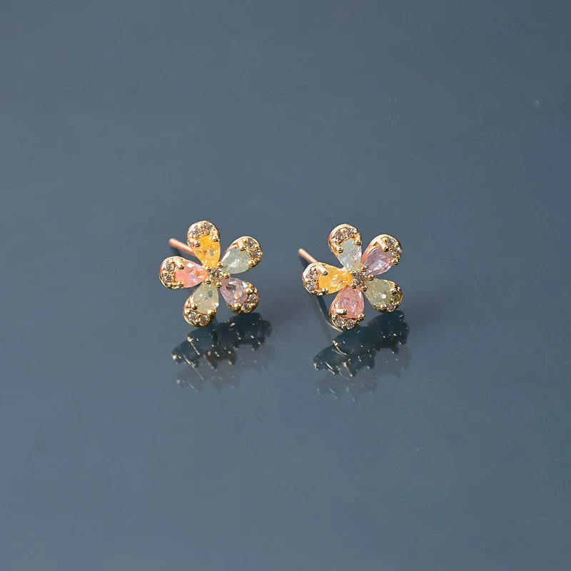 Multicolor Crystal Petal Flower Stud Earrings with Gold Finish for Women - Image 4