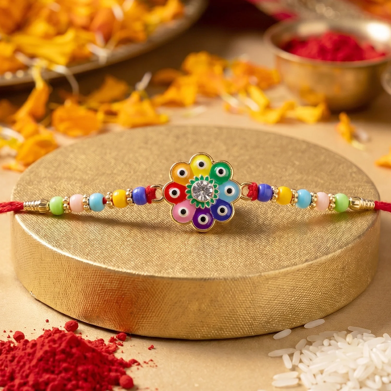 Multicolor Evil Eye Flower Designer Rakhi - Image 2