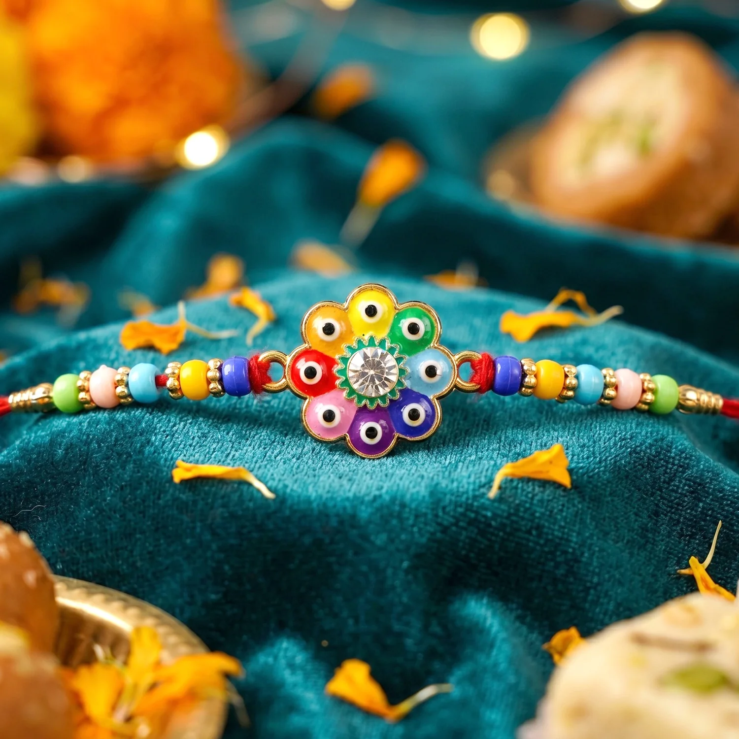 Multicolor Evil Eye Flower Designer Rakhi - Image 3