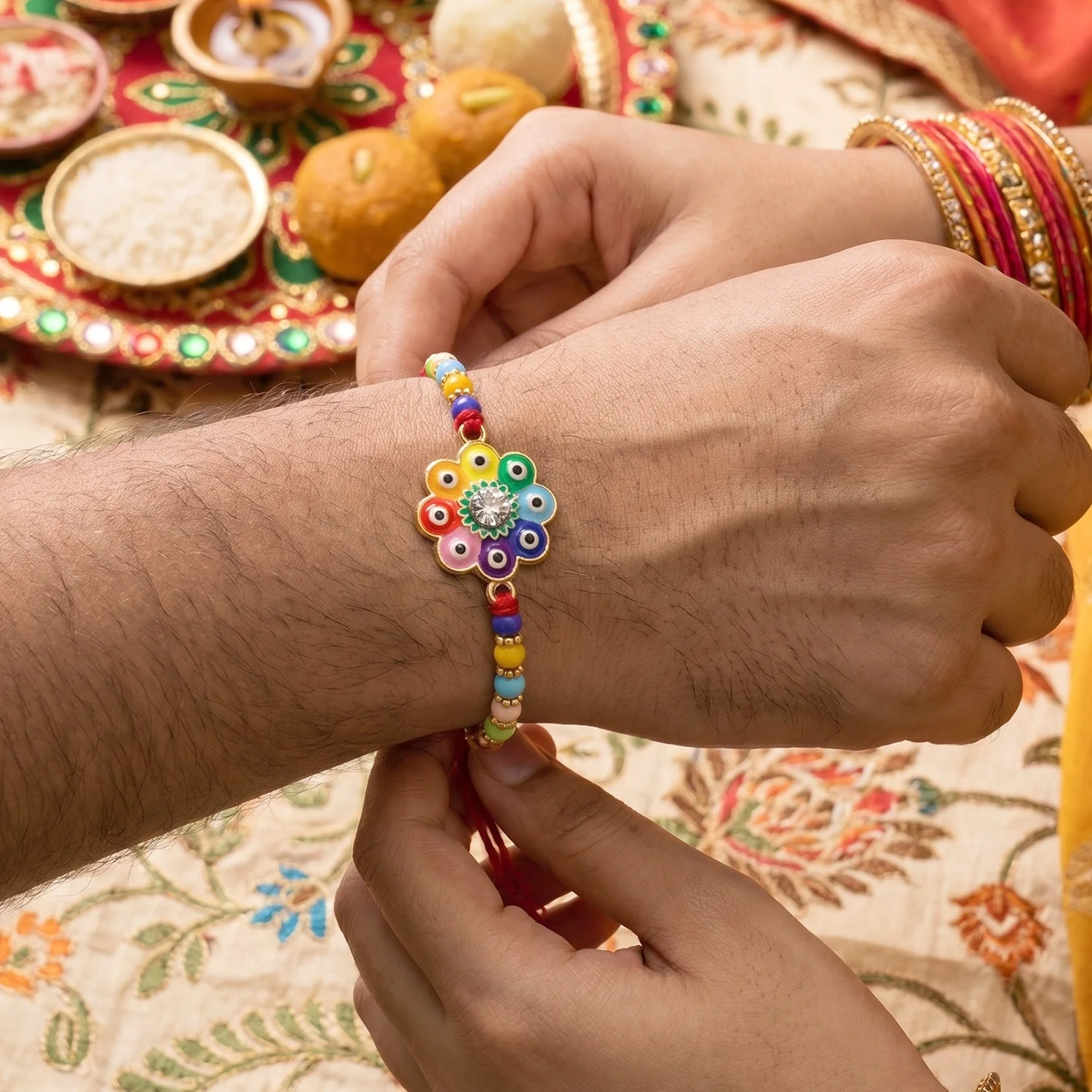 Multicolor Evil Eye Flower Designer Rakhi - Image 4