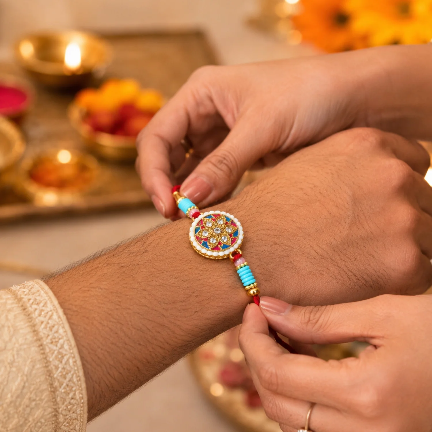 Multicolor Floral Kundan Designer Rakhi - Image 2