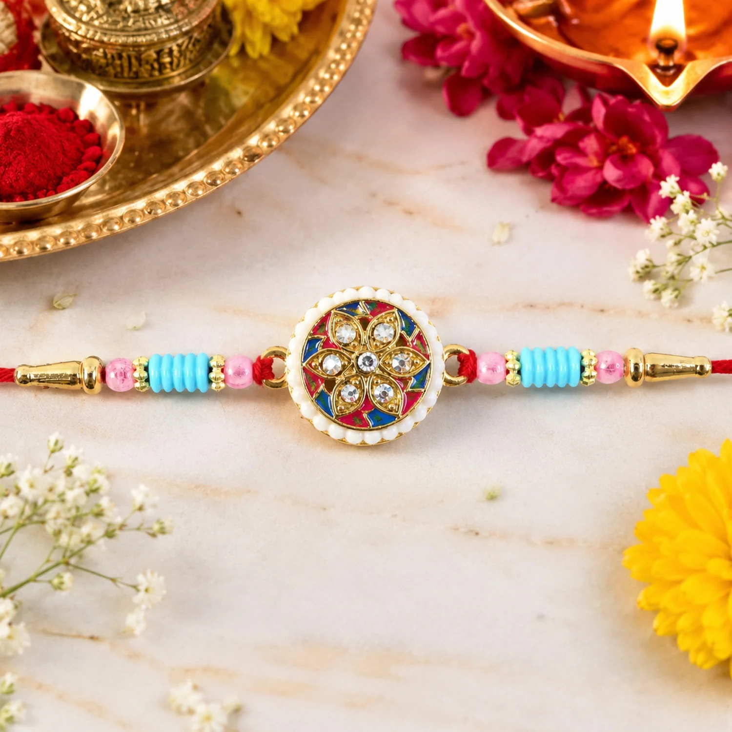 Multicolor Floral Kundan Designer Rakhi - Image 3